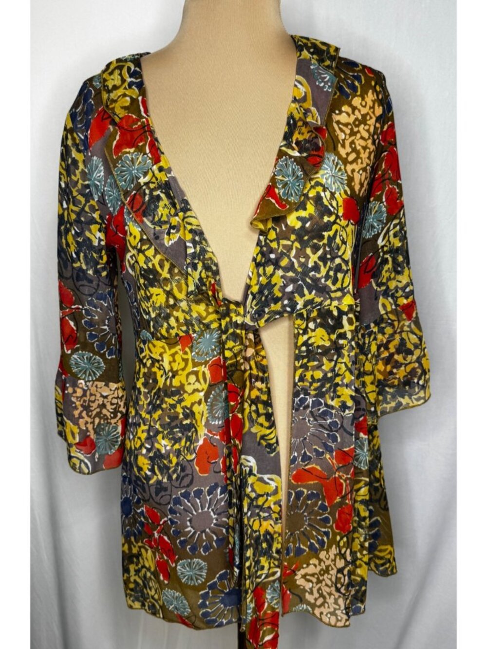 CAbi Shakespeare #360 Floral Kimono Tie Front Boho Ruffle Bell Sleeve Top Small